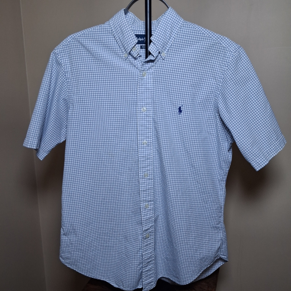 Ralph Lauren Men's Classic Fit White & Blue Plaid Short Sleeve Button-Up; Sz. M
